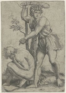 Homme nu accroupi frappé par un homme avec une queue de renard - Marcantonio Raimondi