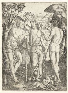 Jeune femme avec couronne de feuilles entre un vieil homme appuyé sur un bâton et un jeune homme avec un dragon et un enfant - Marcantonio Raimondi