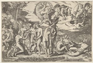 Le Jugement de Pâris : Pâris tend la main vers Vénus, qui se tient entre Junon et..., vers 1520-50