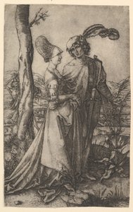 Seigneur et dame marchant avec la figure de la mort cachée derrière un arbre
