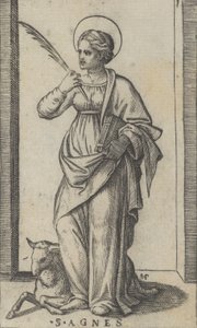 Sainte Agnès tenant une palme dans sa main droite, un mouton en bas à gauche, vers 1500-1527