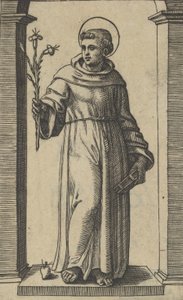 Saint Antoine de Padoue debout, lys dans sa main droite levée, un livre, vers 1500-1527 - Marcantonio Raimondi