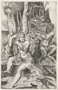 Satyre espionnant une nymphe pendant sa toilette (Pan et Syrinx) - Marcantonio Raimondi