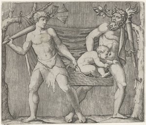 Deux faunes portant un enfant dans un panier - Marcantonio Raimondi