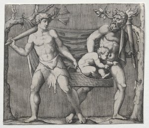 Deux faunes portant un enfant dans un panier - Marcantonio Raimondi
