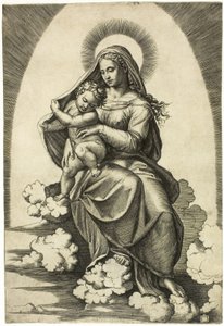 Vierge et enfant assis sur des nuages