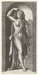 Femme comme personnification de la Prudence (Prudentia) avec serpent et masque (Série des Sept Vertus)