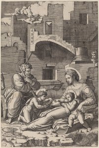 La Sainte Famille avec le jeune Saint Jean-Baptiste (La Madone de la longue cuisse) - Marcantonio Raimondi after Raphael