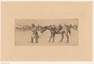 Paysage enneigé avec cortège de soldats et chevaux