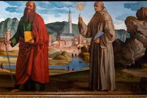 Saint François recevant les stigmates parmi Sainte Claire et Pierre, le bienheureux Bartolomeo de Breganze, et Saint Paul et Bernardino, détail - Marcello Fogolino