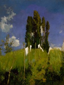 Pré de blanchisserie, dernier quart du 19ème siècle, par Marco Calderini (1850-1941), huile sur toile, 65x51 cm. Italie