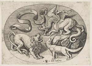 Un lion, un dragon et un renard se battant, une banderole inscrite au-dessus, un ovale, vers 1515-1527 - Marco Dente