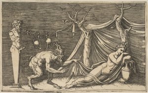 Un satyre découvrant une femme endormie, deux crabes suspendus à une corde qui est tendue..., vers 1515-27