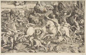 Scène de bataille dans un paysage avec des soldats à cheval et plusieurs hommes tombés, un autre..., vers 1520 - Marco Dente