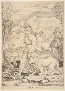La Fortitude en vue de profil marchant vers un feu à gauche et menant un lion harnaché, vers 1515-27 - Marco Dente