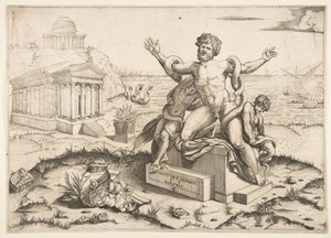 Laocoon et ses deux fils attaqués par des serpents sur un piédestal, un temple à Mi..., vers 1515-27