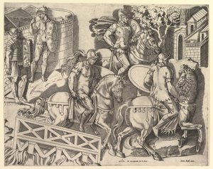 Speculum Romanae Magnificentiae : Cavaliers romains traversant un pont de Trajan, 16ème siècle
