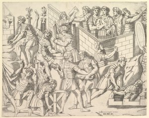 Speculum Romanae Magnificentiae : Soldats romains fortifiant leur camp, de Trajan..., 16ème siècle