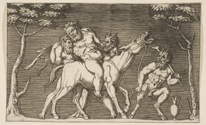 Deux satyres plaçant Silène sur une mule braillante et un troisième satyre à droite