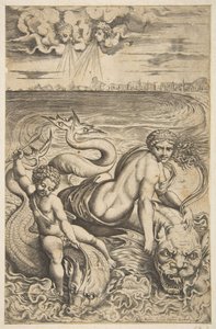 Vénus et Cupidon chevauchant deux monstres marins, Cupidon lève une flèche dans sa main droite