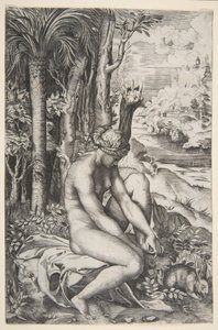 Vénus enlevant une épine de son pied gauche assise sur un tissu à côté des arbres, vers 1515-27
