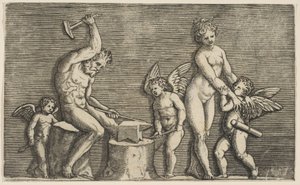 Vulcain assis martelant sur une enclume flanqué de Vénus et de trois cupidons - Marco Dente