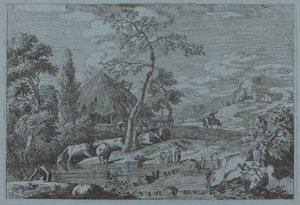 Bétail et figures à un ruisseau de ferme