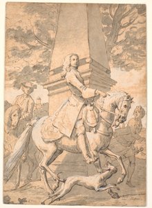 Noble homme suivi de serviteurs passant devant un monument