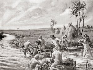 Les premiers colons en Babylonie assèchent les marais en construisant un barrage, tiré de Hutchinson