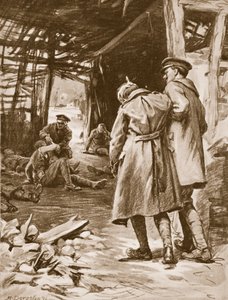 Le soldat J.S. Kerr prodiguant les premiers soins aux blessés dans une ferme lourdement bombardée (litho)