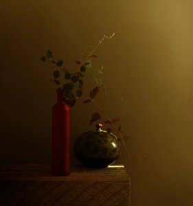 Nature morte à la bouteille rouge foncé