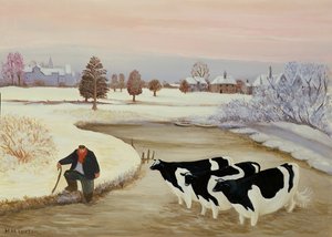 Vaches dans une rivière en hiver