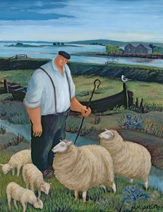 Berger avec moutons dans un paysage fluvial