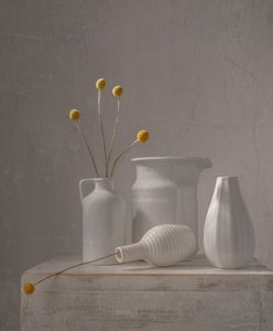 Vases blancs, fleurs jaunes