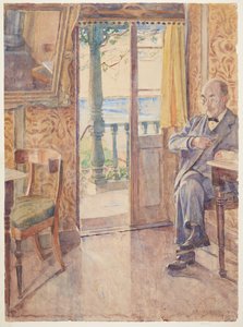 Le peintre Tom Petersen, assis dans une véranda