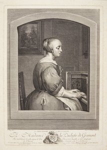 Une femme néerlandaise jouant du clavecin, vue à travers une fenêtre