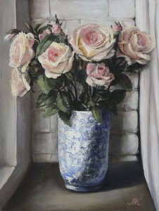 Roses roses sur un rebord de fenêtre - Peinture d