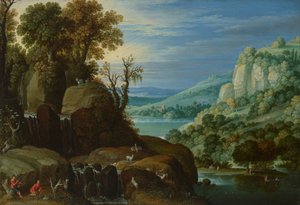 Un vaste paysage fluvial avec des chevriers jouant de la cornemuse près d