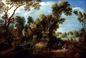 Paysage fluvial boisé avec figures - Marten Ryckaert