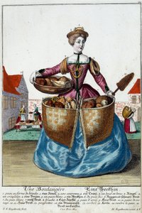 Métier : Un boulanger. Gravure de Martin Engelbrecht (1684-1756), dans "Nouvelle assemblée des manœuvres habillés" XVIIIe siècle, Allemagne. Paris, Arts décoratifs
