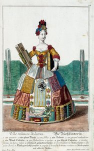 Métier: Un relieur. Gravure par Martin Engelbrecht (1684-1756), dans "Nouvelle assemblée des manouvries habillés" 18e siècle, Allemagne. Paris, Arts décoratifs