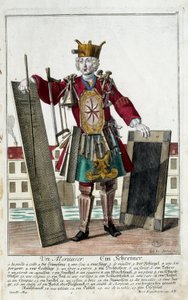 Métier : Un charpentier. Gravure de Martin Engelbrecht (1684-1756), dans "Nouvelle assemblée des manœuvres habillés" XVIIIe siècle, Allemagne. Paris, Arts décoratifs