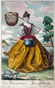 Métier : Un poisson. Gravure de Martin Engelbrecht (1684-1756), dans "Nouvelle assemblée des manœuvres habillés" XVIIIe siècle, Allemagne. Paris, Arts décoratifs