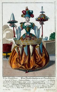 La confiseuse : une jeune femme tenant un plateau de bonbons et confiseries. Gravure de Martin Engelbrecht