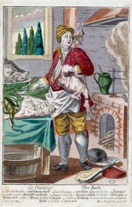 Le cuisinier. Gravure par Martin Engelbrecht (1684-1756), dans « Nouvelle assemblée des manœuvres habillées » 18e siècle, Allemagne. Paris, Arts décoratifs