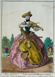 Une luthière, luthiste avec alto, violoncelle et violon, par Martin Engelbrecht (1684-1756), impression en couleur, France