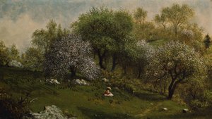 Fille sur une colline, fleurs de pommier