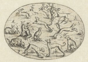Ovale avec chiens, chèvres et lapins