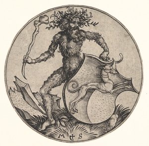 Bouclier avec lévrier tenu par un homme sauvage, vers 1435-1491 - Martin Schongauer
