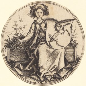 Bouclier avec licorne, tenu par une femme - Martin Schongauer